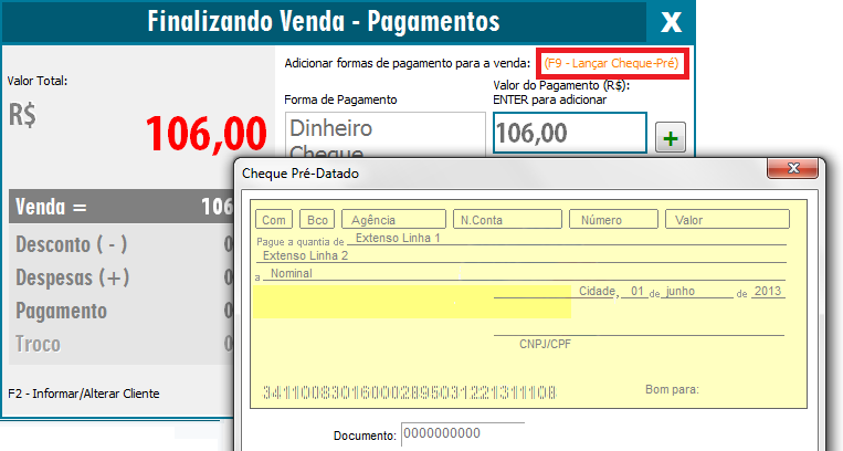 Lançamento de cheque na NFC-e/SAT