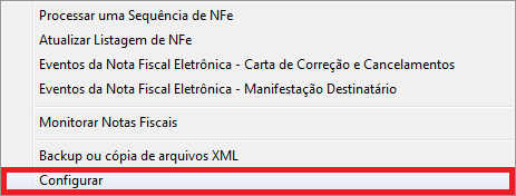 Menu Opções Configurar do Gerenciador de NFe