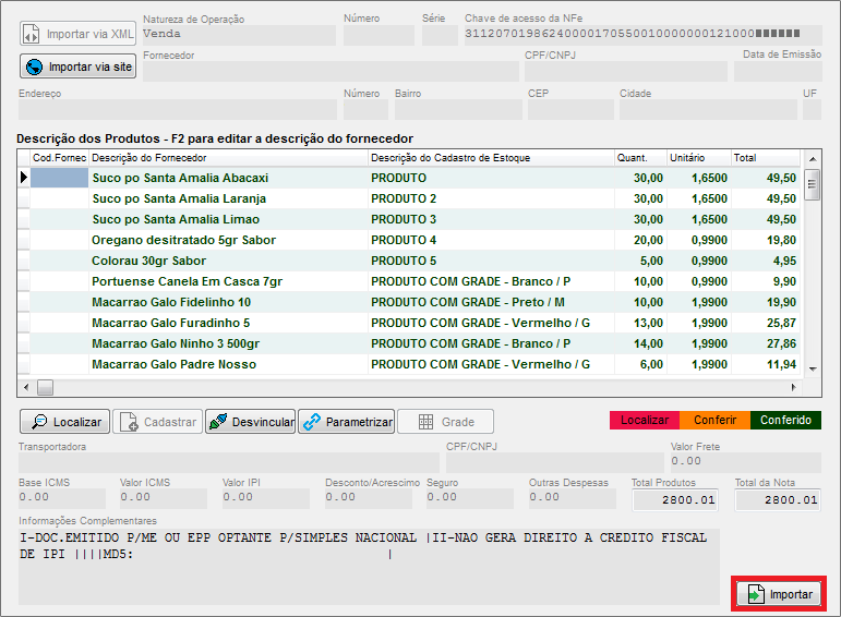 Finalizar nota de compra com grade