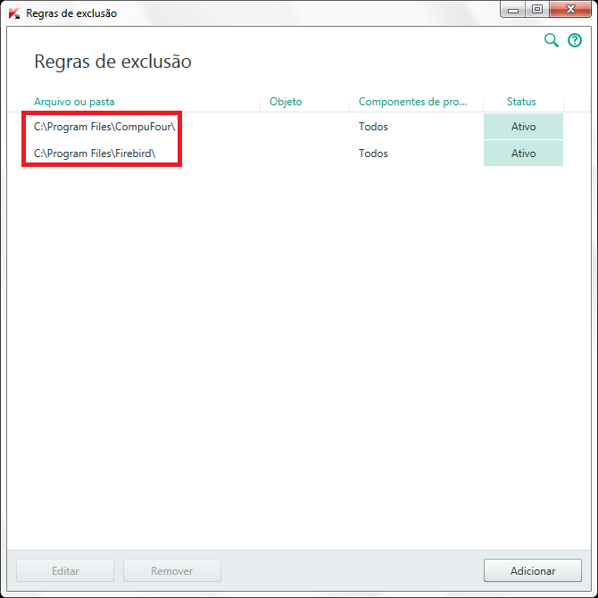 Caminhos adicionados às exclusões