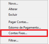 Menu Contas Fixas em Contas a Pagar