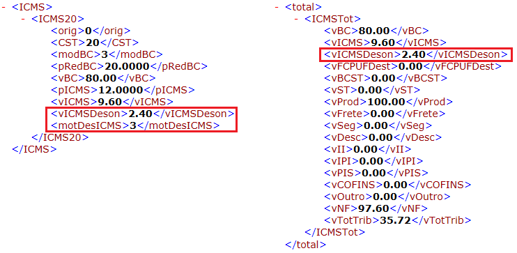 Tags de desoneracao no XML