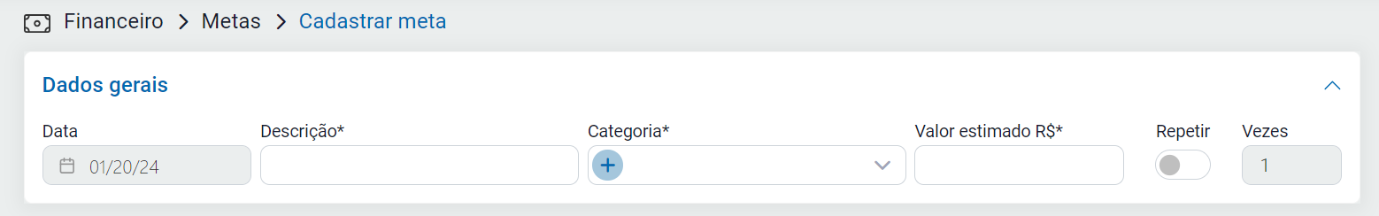 Tela de cadastro de meta
