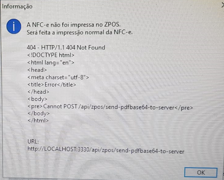 Mensagem de erro do ZPOS na Vero