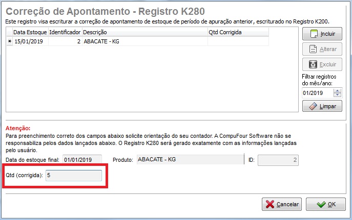Quantidade corrigida no K280