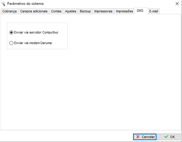 Aba SMS dos parâmetros