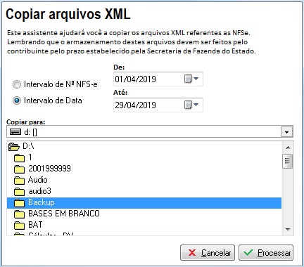 Tela de cópia de XML