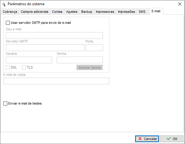 Aba E-mail dos parâmetros
