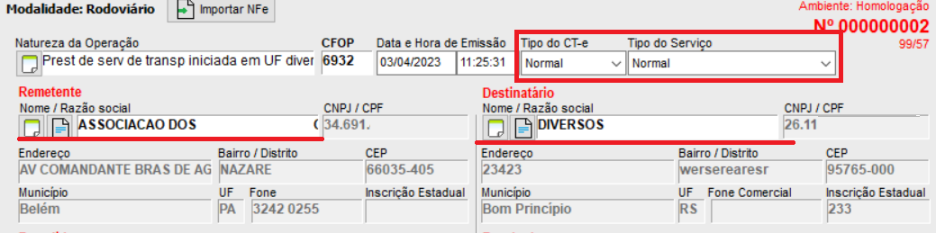Remetente e destinatário do CT-e