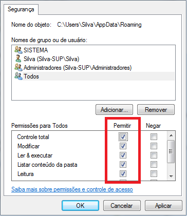 Permissoes na coluna Permitir