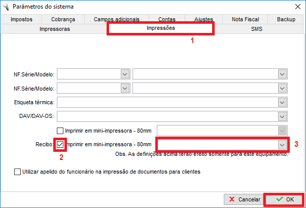 Configuração do recibo em 80 colunas