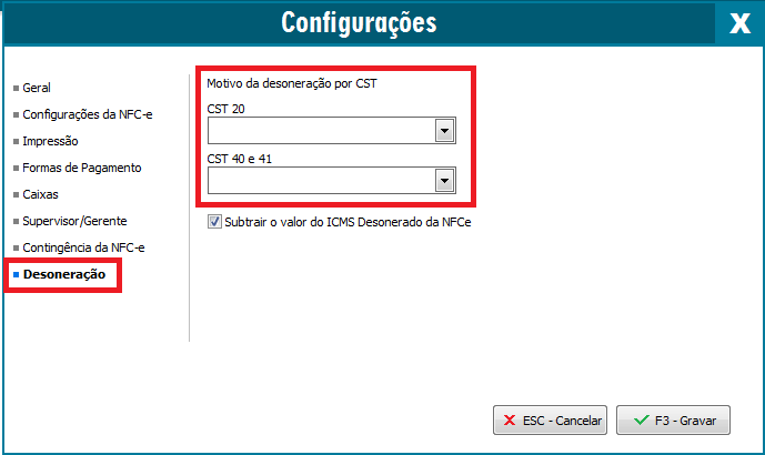 Aba Desoneração do emissor de NFC-e