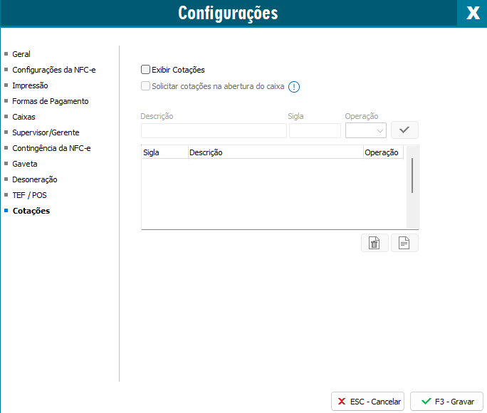 Configurações - Cotações