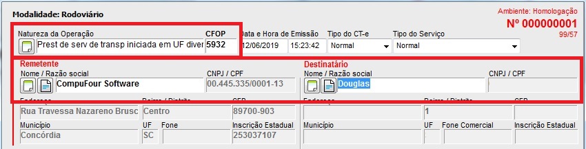 Natureza de Operação, Remetente e Destinatário