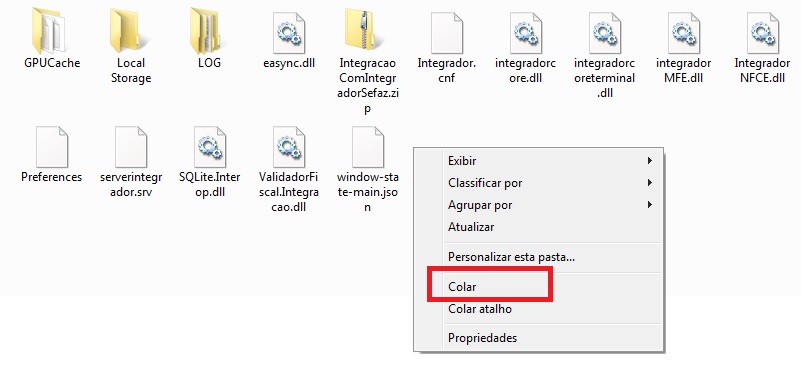 Colar dlls na pasta Integrador