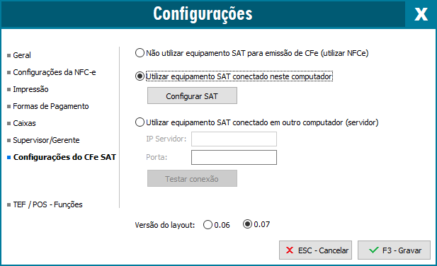 Configurações do CFe SAT