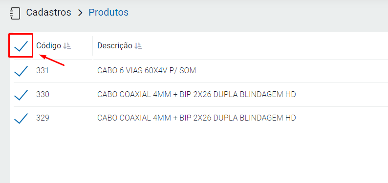 Seleção de vários itens no estoque