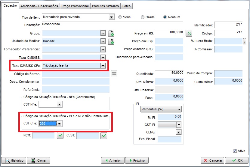 CST CFe e Taxa ICMS/ISS CFe no estoque