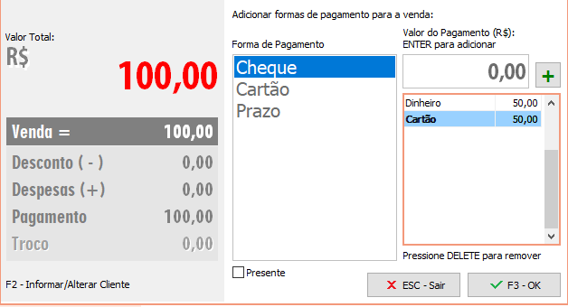Saída em dinheiro e cartão