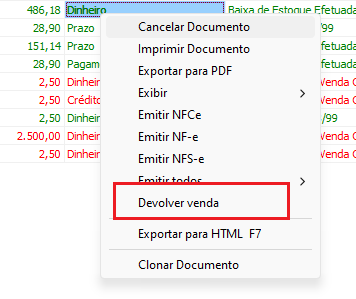 Opção Devolver Venda