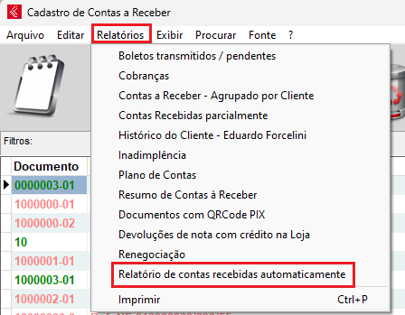 Relatório de contas recebidas automaticamente