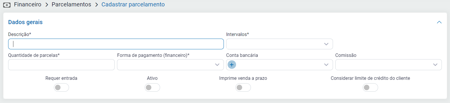 Tela de cadastro da forma de pagamento
