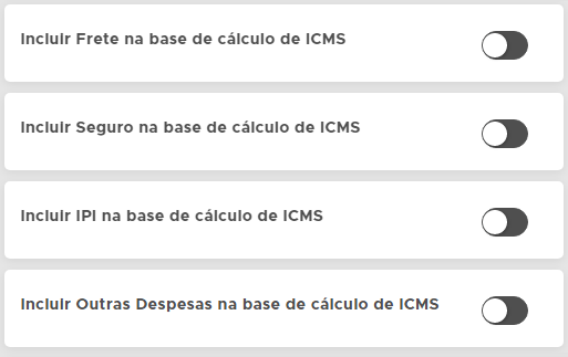 Opções que compõem a base de cálculo do ICMS