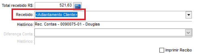 Adiantamento Cliente no recebimento