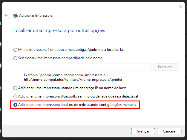 Impressora local com configurações manuais