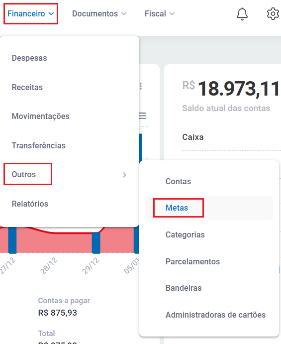 Menu Metas no ZetaWeb