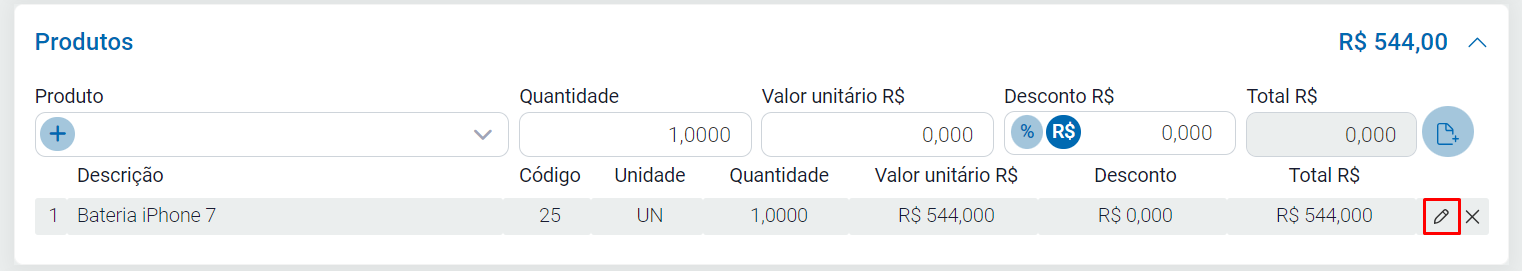 Ícone de lápis para editar o item