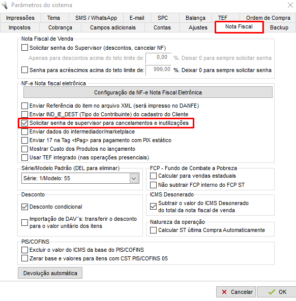 Solicitar senha de supervisor