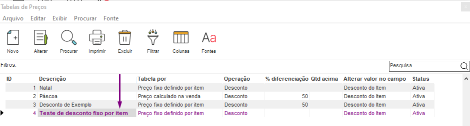 Item destacado em roxo