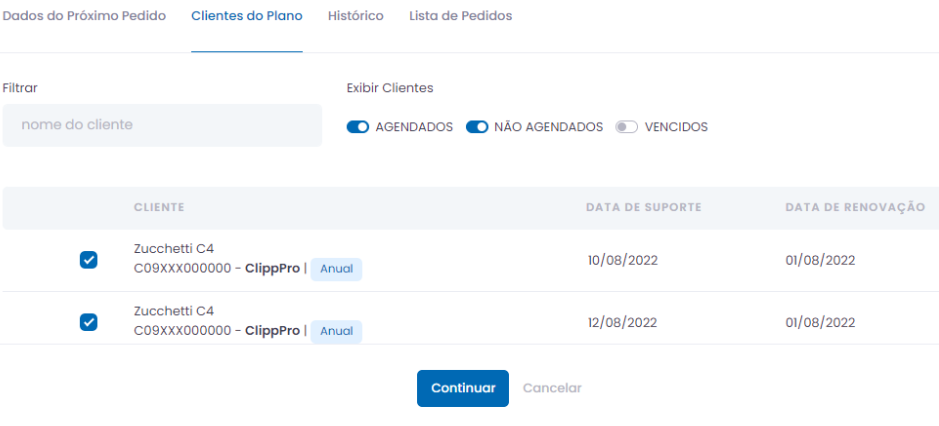 Clientes do Plano selecionados