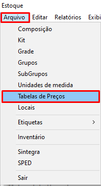 Cadastros - Tabela de Preços