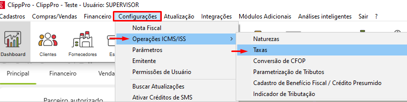 Configurações Operações ICMS Taxas