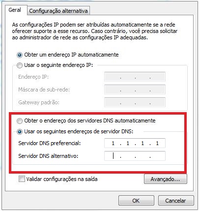 DNS preferencial 1.1.1.1 configurado