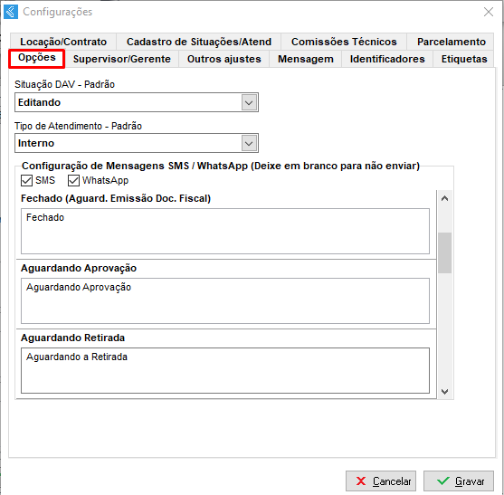 Aba Opções do Clipp Service