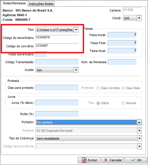 Configuração da carteira do BB