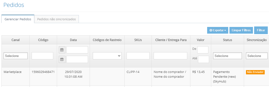 Pedidos no portal SkyHub