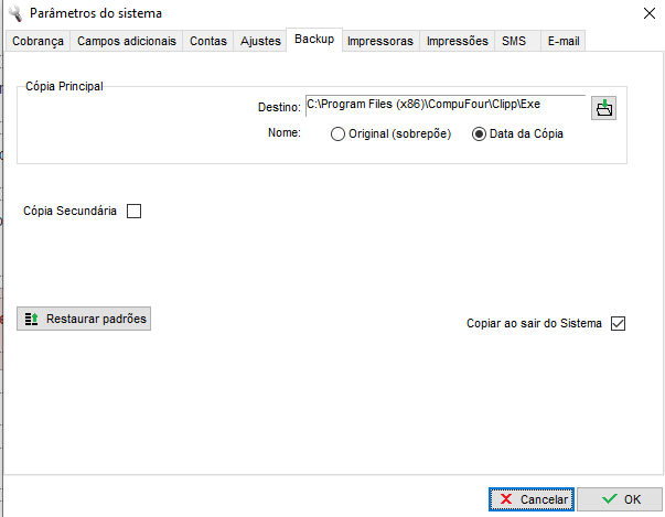Aba Backup dos parâmetros