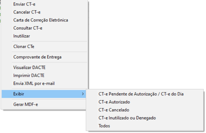 Opções do menu do botão direito sobre o CT-e
