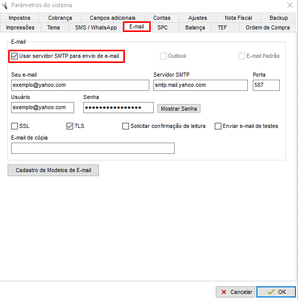 Configuração SMTP no ClippStore