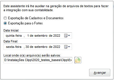 Opção Exportação para o Fortes
