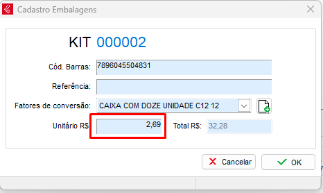 Fator de conversão e valor unitário