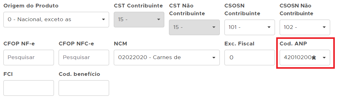 Campo Código ANP na aba Dados Fiscais do produto Campo Código ANP