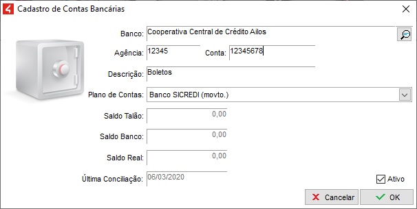 Cadastro da conta do banco CECRED/AILOS com agência e conta Cadastro da conta CECRED/AILOS