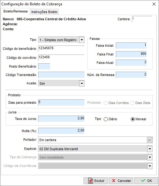 Configuração da carteira do boleto CECRED/AILOS Configuração da carteira CECRED/AILOS
