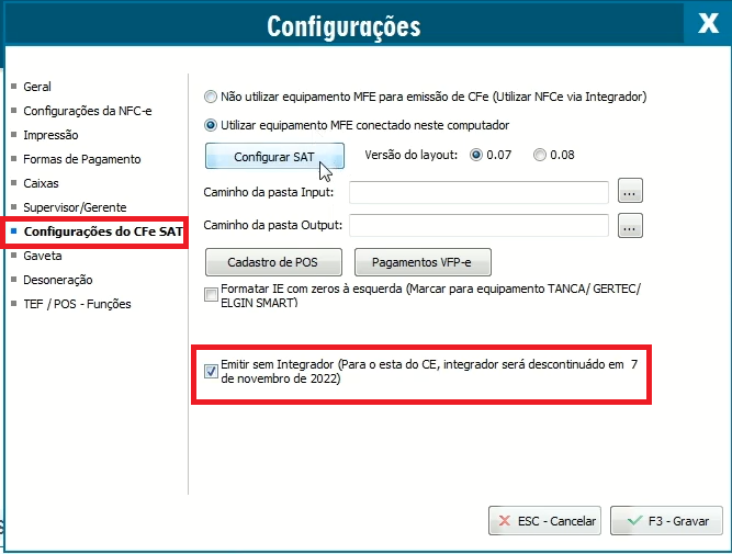 Opção Emitir sem Integrador nas Configurações do CFe/SAT Emitir sem Integrador