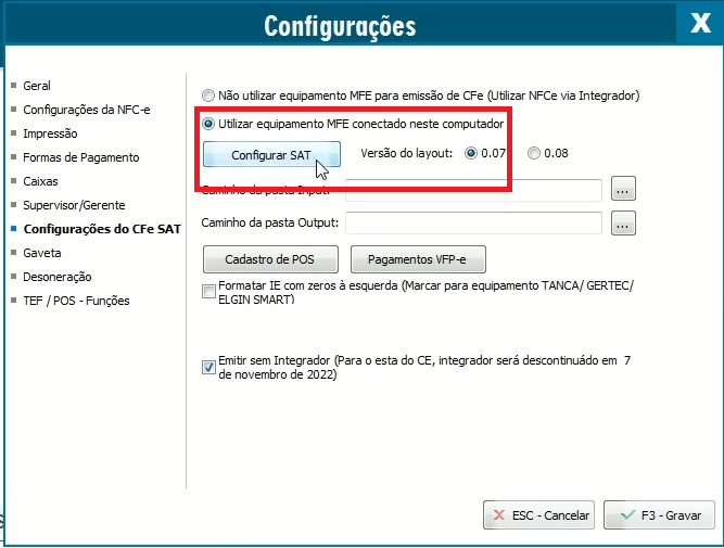 Opção Utilizar equipamento MFe conectado neste computador Utilizar equipamento MFe